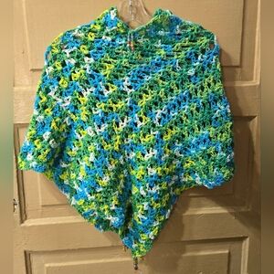Handmade Crochet Green Blue White Kids Poncho W/ Beaded Tassel Detail NEW